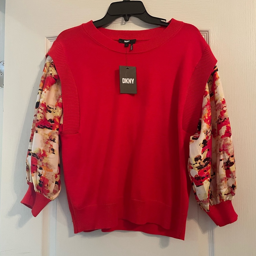 DKNY Red and Pink Crew Neck Sweater with Floral Sleeves